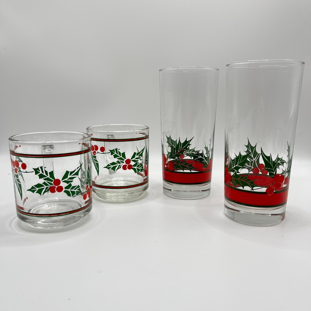 Vintage Libbey Christmas Holly Berry Glassware Set 2 Mugs 2 Highball Tumblers
